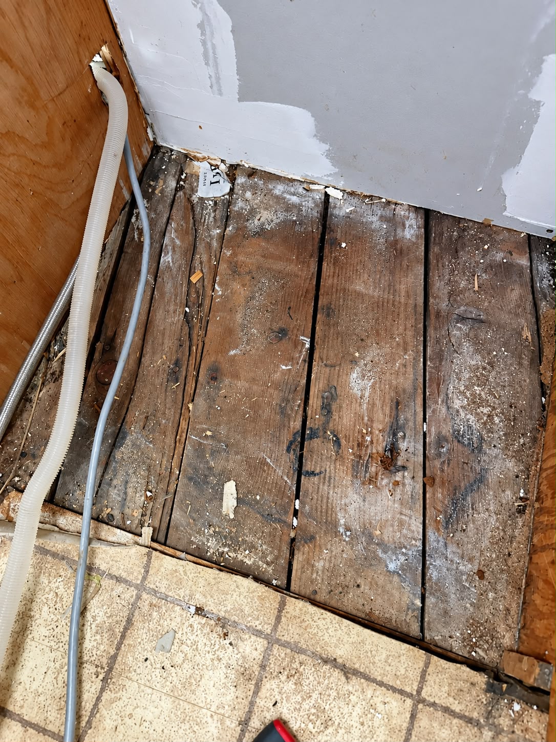 Exposed wooden subfloor and dishwasher connections
