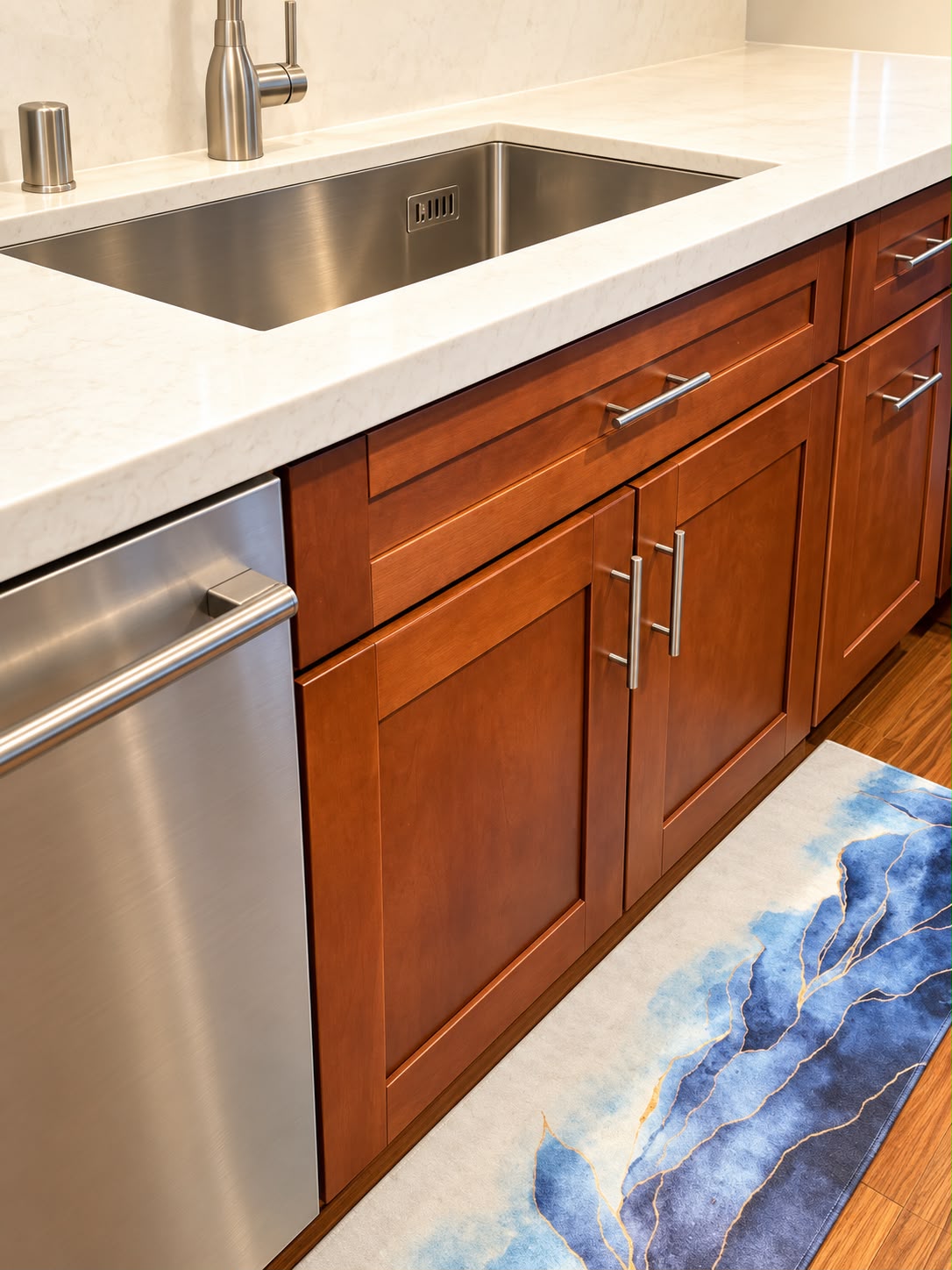 Original brown wooden lower cabinets beside the sink and dishwasher