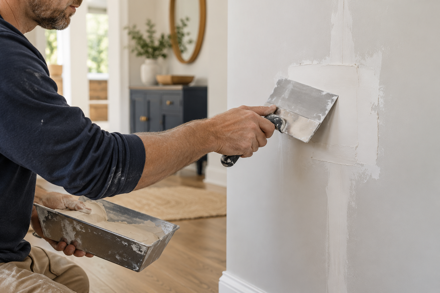 Professional smoothing a drywall repair with a taping knife
