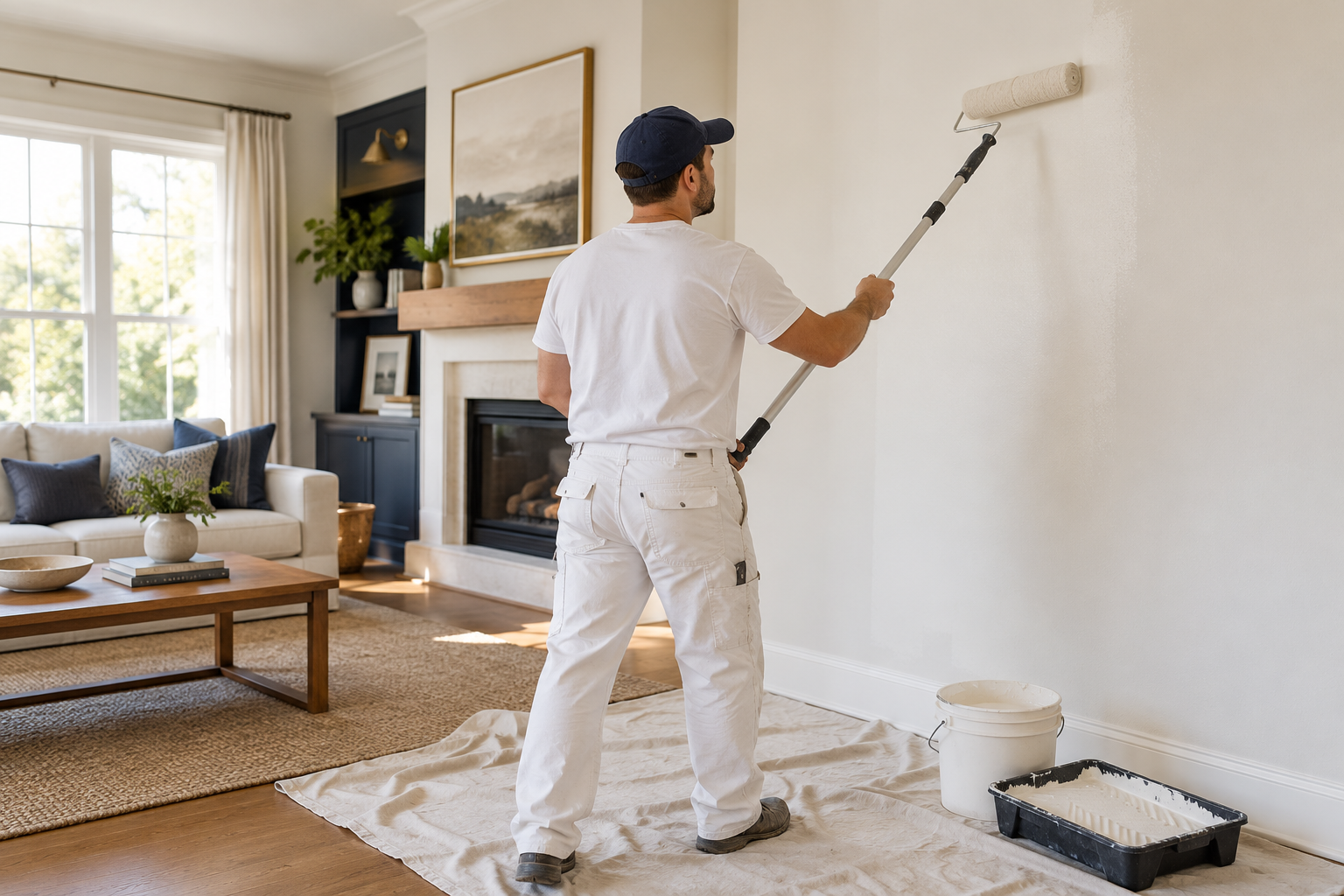 Painter applying paint to an interior wall with a roller