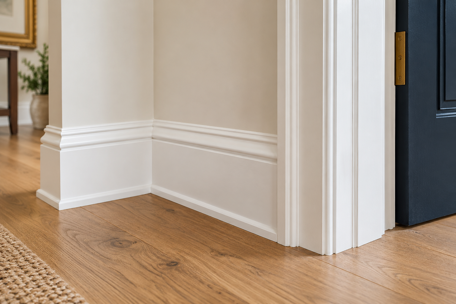 Elegant white baseboard and door trim beside an oak floor